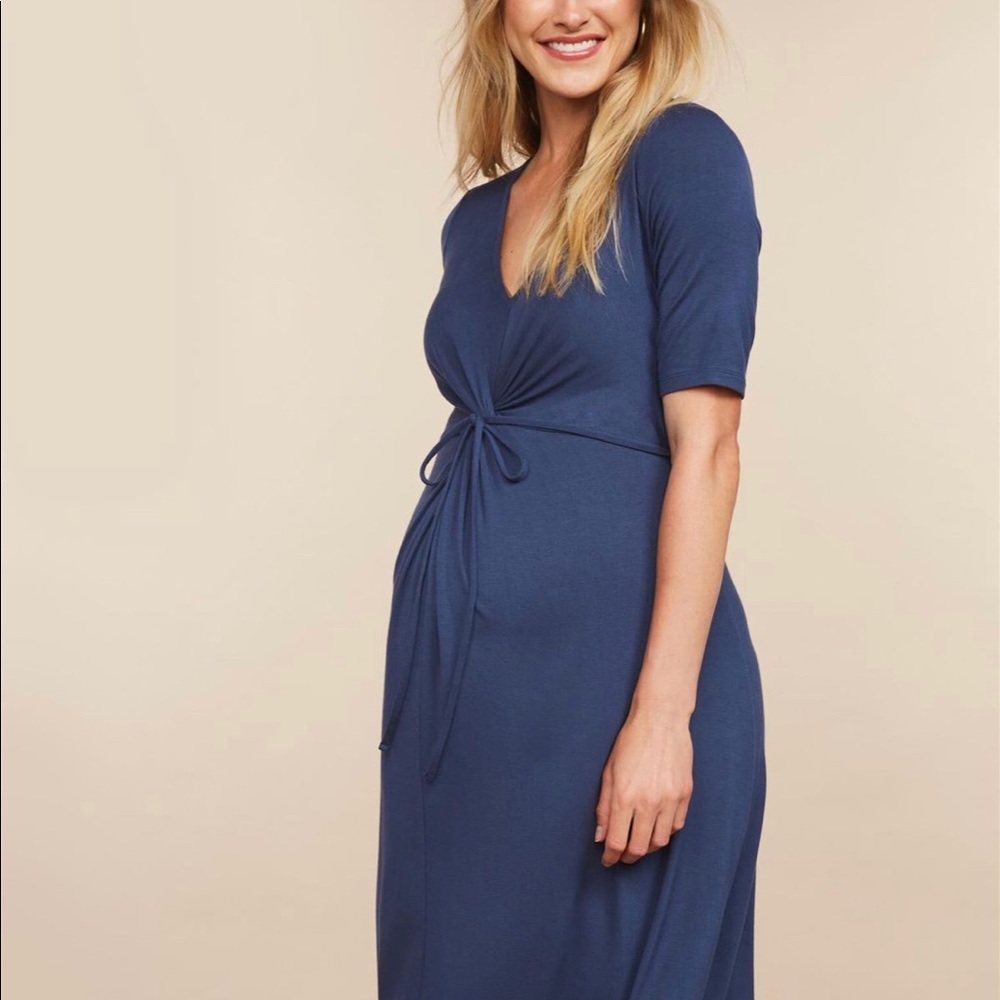 Motherhood Blue Maternity dress knot front